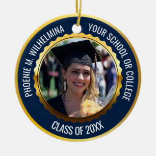 Navy Blue Gold 2 Photo Graduation Class of 2025 Ceramic Ornament