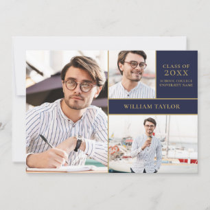 Navy Blue Gold 3 Photo Collage Graduation Party  Invitation