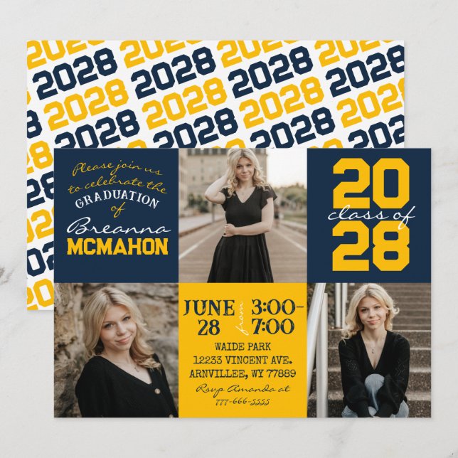 Navy Blue & Gold 3 Photo Graduation Invitation (Front/Back)