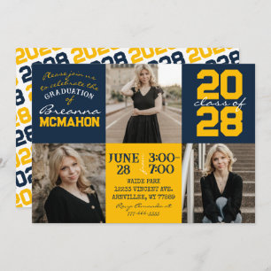 Navy Blue & Gold 3 Photo Graduation Invitation