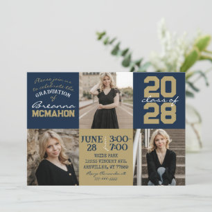 Navy Blue & Gold 3 Photo Graduation Invitation