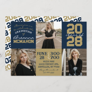 Navy Blue & Gold 3 Photo Graduation Invitation