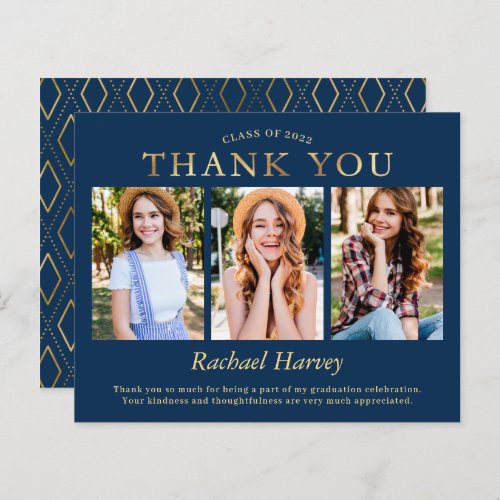 Navy Blue Gold 3 Photo Graduation Thank You