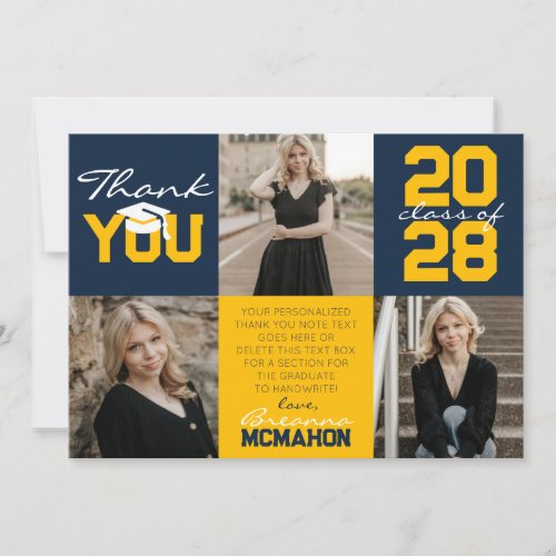 Navy Blue  Gold 3 Photo Graduation Thank You Invitation