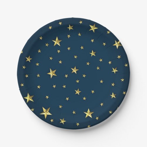 Navy Blue Gold 3D Stars Military Style Paper Plates