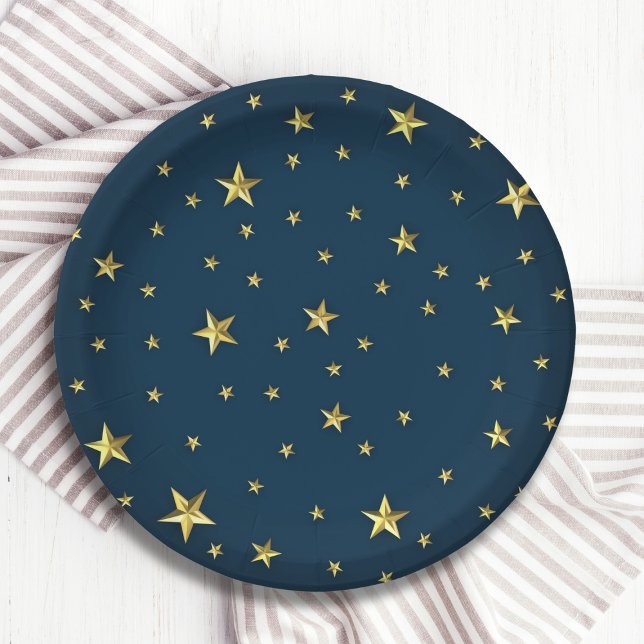 Navy Blue Gold 3D Stars Military Style Paper Plates (Creator Uploaded)