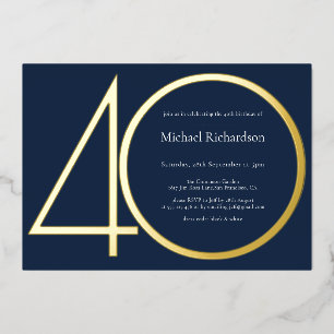 Navy Blue Gold 40th Birthday Foil Invitation