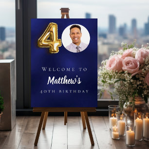 Navy blue gold 40th photo birthday party welcome foam board