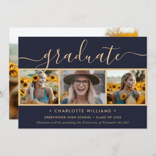 Navy Blue Gold 4 Photo Collage Script Graduation Announcement