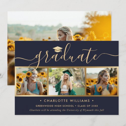 Navy Blue Gold 4 Photo Collage Script Graduation Announcement