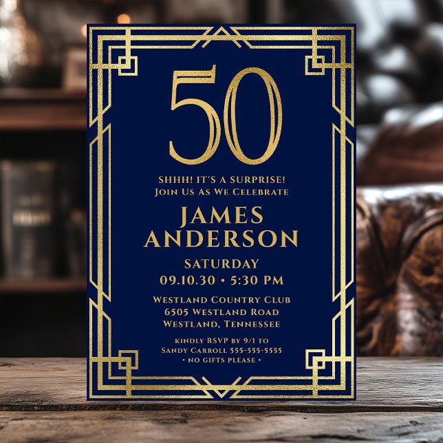 Navy Blue Gold 50th Birthday Photo Surprise Party Invitation (Creator Uploaded)