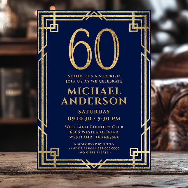 Navy Blue Gold 60th Birthday Photo Surprise Party Invitation (Creator Uploaded)