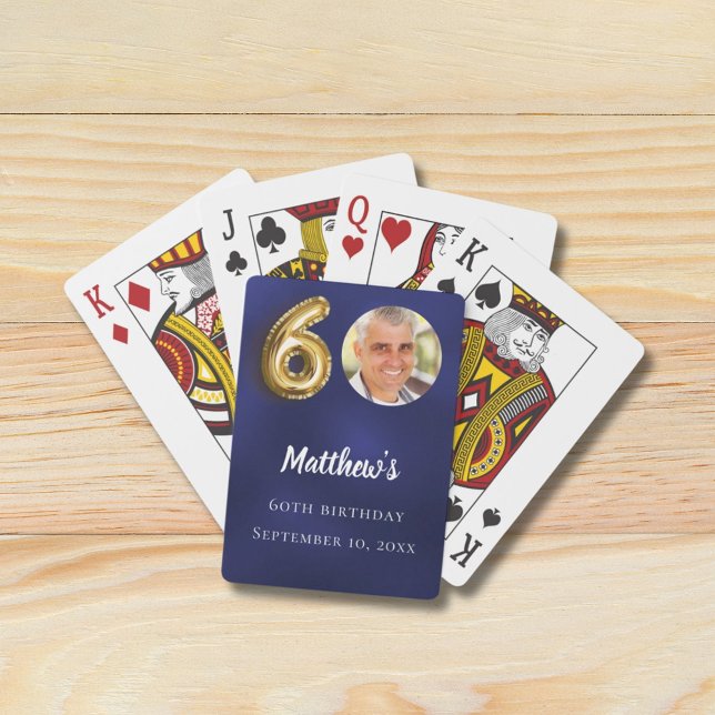 Navy blue gold 60th photo birthday party poker cards (Creator Uploaded)