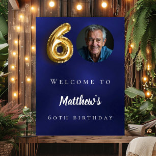 Navy blue gold 60th photo birthday party welcome poster