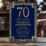 Navy Blue Gold 70th Birthday Photo Surprise Party Invitation<br><div class="desc">This fabulous navy blue and gold men's 70th birthday surprise party invitation featuring the number 70 in gold with modern fonts surrounded by a gold art deco frame on the front and your favorite photo of the guest of honor on the back would be perfect for asking people to join...</div>