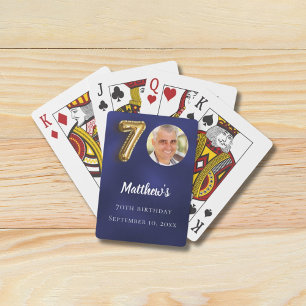 Navy blue gold 70th photo birthday party poker cards