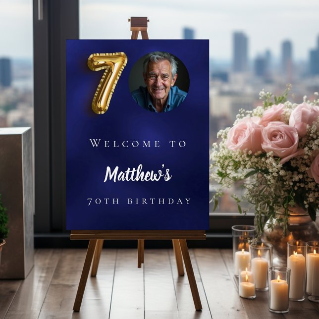 Navy blue gold 70th photo birthday party welcome foam board (Creator Uploaded)