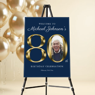 Navy Blue Gold 80th Birthday Custom Photo Welcome Foam Board
