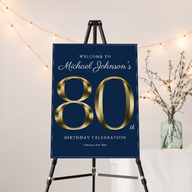Navy Blue Gold 80th Birthday Custom Welcome Sign (In Situ (Stand))