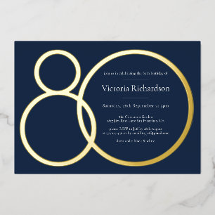 Navy Blue Gold 80th Birthday Foil Invitation