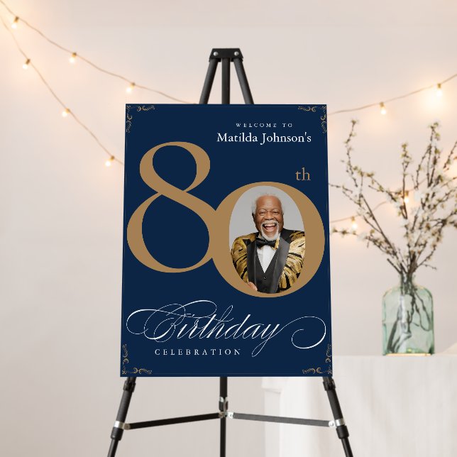 Navy Blue Gold 80th Birthday Party Welcome Sign (In Situ (Stand))