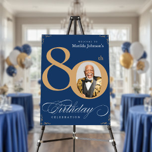 Navy Blue Gold 80th Birthday Party Welcome Sign