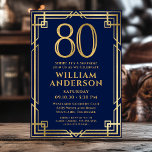 Navy Blue Gold 80th Birthday Photo Surprise Party Invitation<br><div class="desc">This fabulous navy blue and gold men's 80th birthday surprise party invitation featuring the number 80 in gold with modern fonts surrounded by a gold art deco frame on the front and your favorite photo of the guest of honor on the back would be perfect for asking people to join...</div>