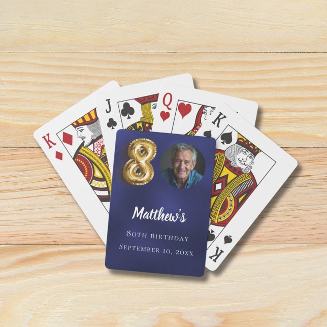 Navy blue gold 80th photo birthday party poker cards (Creator Uploaded)