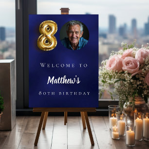 Navy blue gold 80th photo birthday party welcome foam board