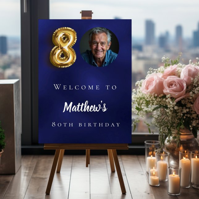 Navy blue gold 80th photo birthday party welcome foam board (Creator Uploaded)