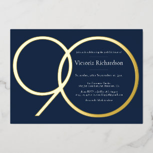 Navy Blue Gold 90th Birthday Foil Invitation