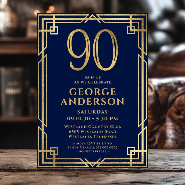 Navy Blue Gold 90th Birthday Photo Invitation (Creator Uploaded)