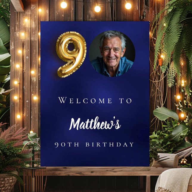 Navy blue gold 90th photo birthday party welcome poster (Creator Uploaded)