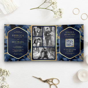 Navy Blue Gold Abstract Fluid Ink QR Code Wedding Tri-Fold Invitation