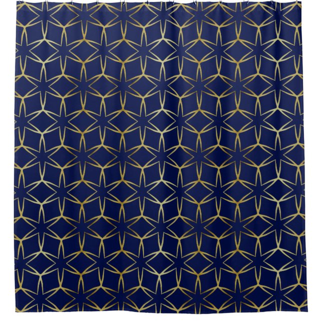 Navy Blue & Gold Abstract Geometric Pattern Luxury Shower Curtain (Front)