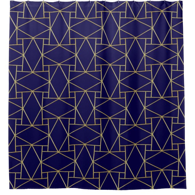 Navy Blue & Gold Abstract Geometric Pattern Luxury Shower Curtain (Front)