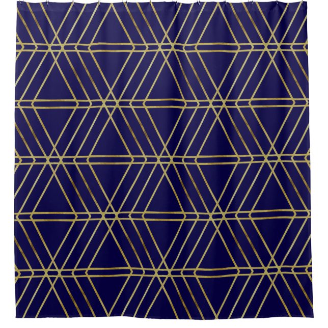 Navy Blue & Gold Abstract Geometric Pattern Luxury Shower Curtain (Front)