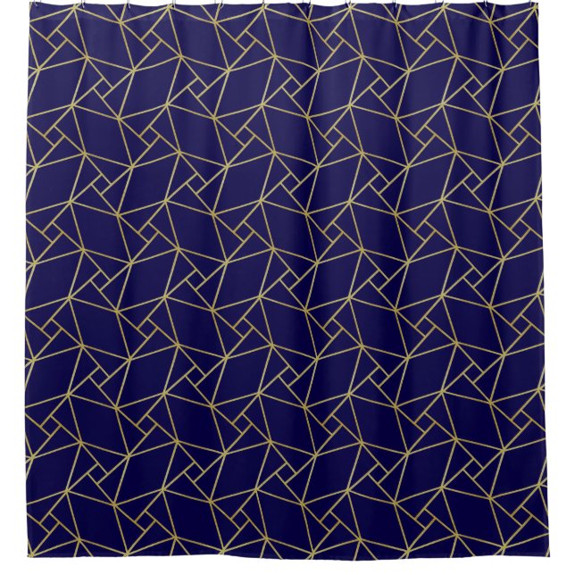 Navy Blue & Gold Abstract Geometric Pattern Luxury Shower Curtain (Front)