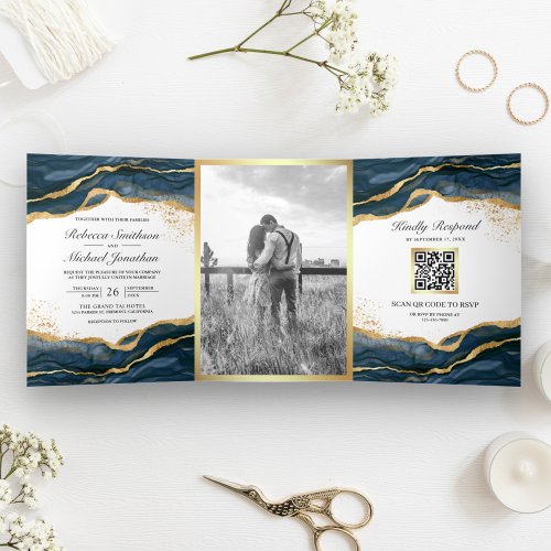Navy Blue Gold Abstract Ink QR Code Wedding Tri_Fold Invitation