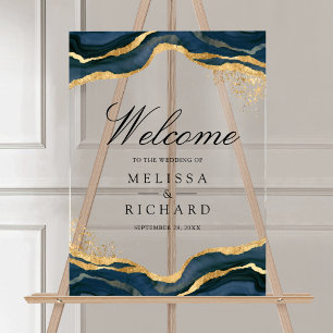 Navy Blue Gold Abstract Ink Wedding Welcome Acrylic Sign