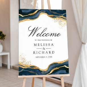 Navy Blue Gold Abstract Ink Wedding Welcome Sign
