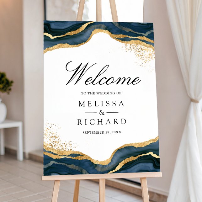 Navy Blue Gold Abstract Ink Wedding Welcome Sign (Creator Uploaded)