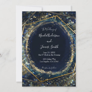 Navy Blue Gold Abstract Lights Geometric Wedding Invitation