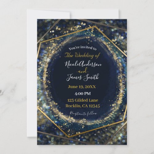 Navy Blue Gold Abstract Lights Geometric Wedding Invitation