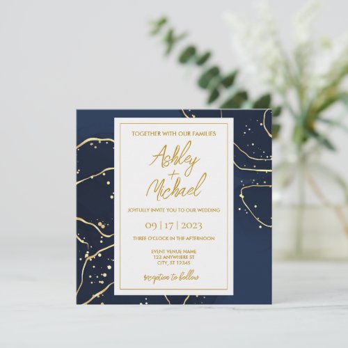 Navy Blue Gold Abstract Marble Wedding Invitation