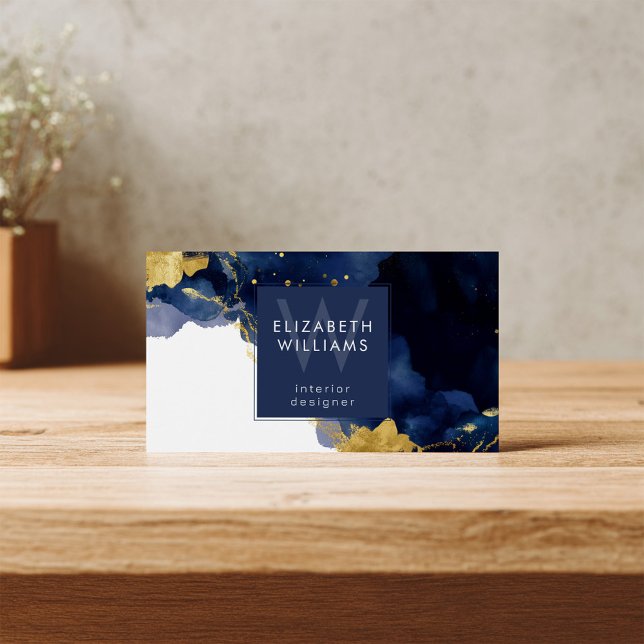 Navy Blue Gold Abstract Monogram Business Card (Creator Uploaded)