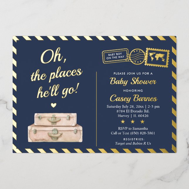 Navy Blue Gold Adventure Travel Baby Boy Shower  Foil Invitation (Front)