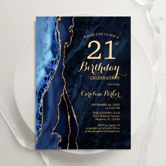 Navy Blue Gold Agate 21st Birthday Invitation | Zazzle