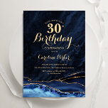 Navy Blue Gold Agate 30th Birthday Invitation<br><div class="desc">Navy blue and gold agate 30th birthday party invitation. Elegant modern design featuring royal blue watercolor agate marble geode background,  faux glitter gold and typography script font. Trendy invite card perfect for a stylish women's bday celebration. Printed Zazzle invitations or instant download digital printable template.</div>