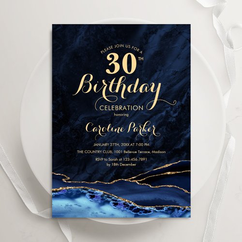 Navy Blue Gold Agate 30th Birthday Invitation